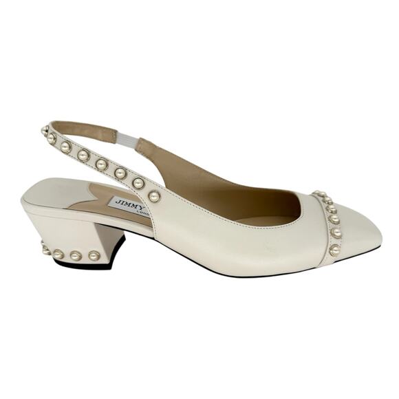 JIMMY CHOO Hya 45mm Faux Pearl Embellished Leather Pumps EU 38.5 US 8.5 Ivory - Picture 1 of 10